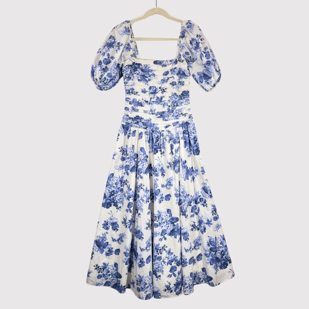 Abercrombie Fitch Midi Dress Blue Emerson Poplin Floral Puffed Pleated Boho XS - Picture 2 of 12